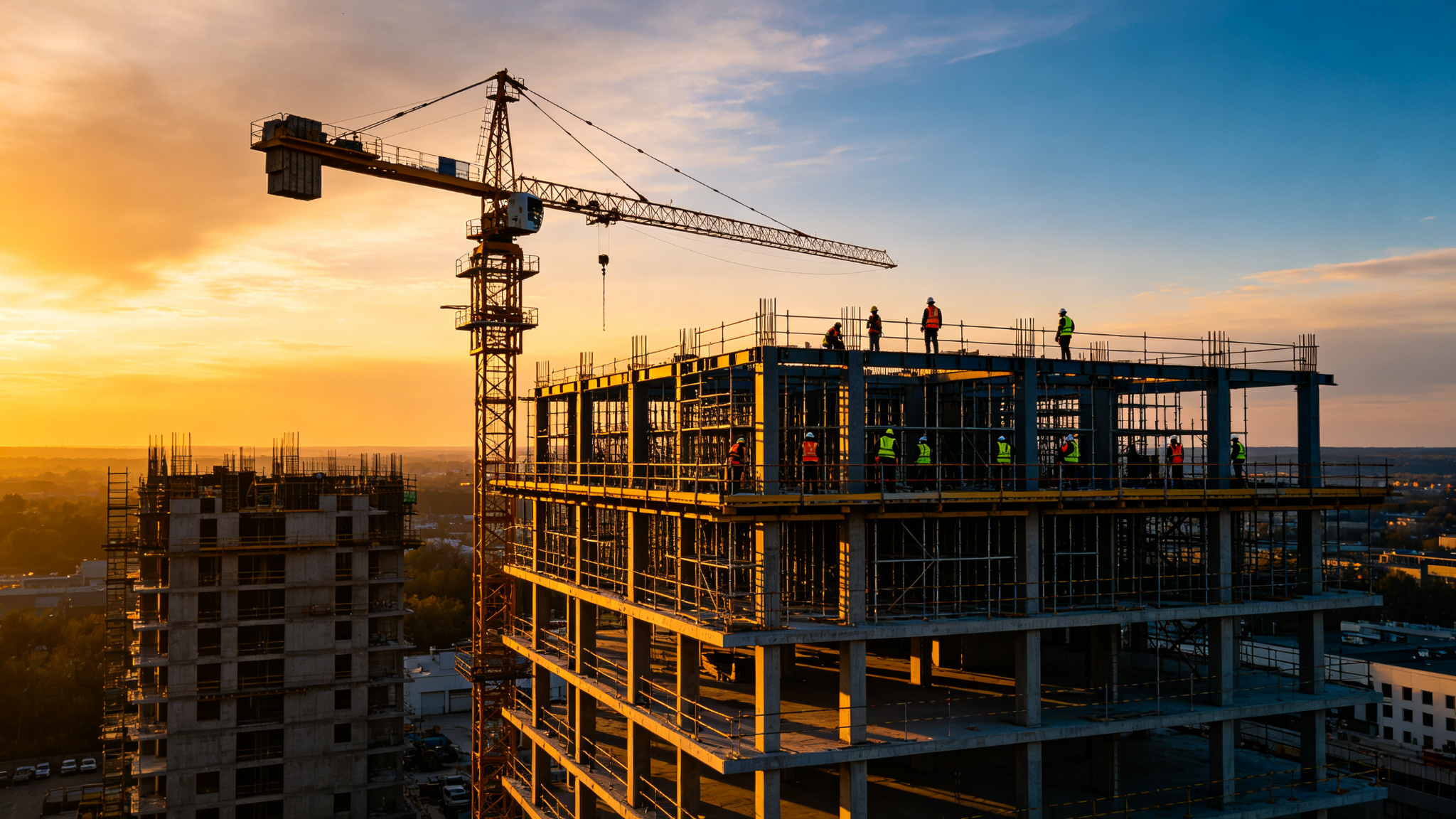 Modern high-rise construction site at golden hour